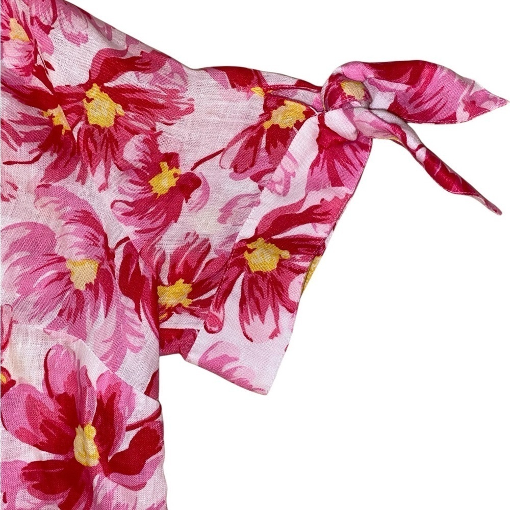 CHARTER CLUB 100% Linen Tropical Floral Pattern Tie Sleeve Blouse SZ LG - Picture 7 of 11